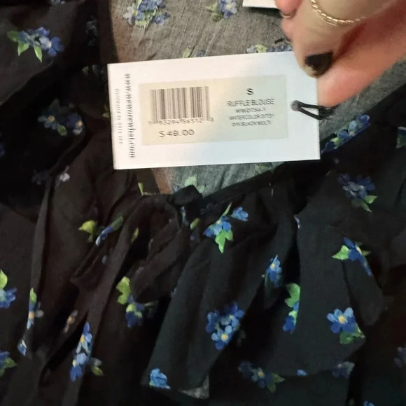 New WeWoreWhat Ruffle Blouse Black Multicolor floral Small - Picture 5 of 9
